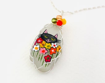 Hand Painted Sea Glass Cat Necklace: Firepolished Bead Detail, Silver Chain
