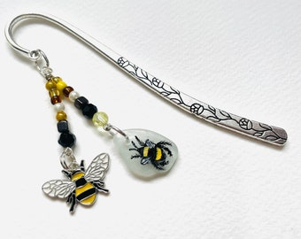 Bumblebee bee hand painted sea glass 12cm BOOKMARK - wire wrapped with pretty mixed beads