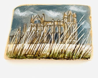 Stormy Whitby Abbey England - Acrylic miniature painting on Scottish sea pottery