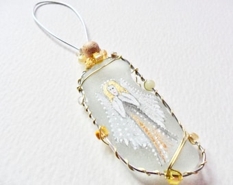 Christmas Angel in gold, silver & white - Hand painted sea glass Christmas tree decoration