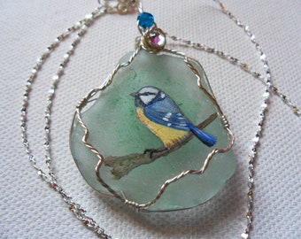 Blue tit on a branch sea glass necklace - Hand painted Silver plated 18" chain with Swarovski crystal and bead detail