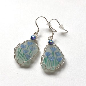 Blue flax flowers earrings - hand painted Sea glass & silver plated wire wrapping with clear Swarovski crystals