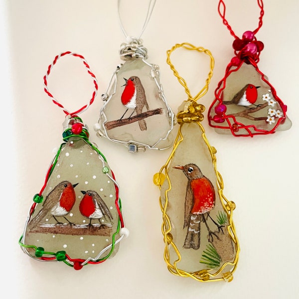 Robin Christmas sea glass tree decorations - hand painted choice of four designs - Hand painted English beach glass