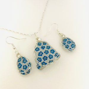 forget me not flowers hand painted sea glass necklace and earring set - wire wrapping and Swarovski crystals