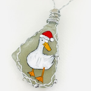 Santa hat DUCK - Hand painted sea glass Christmas tree decoration with beads and wire