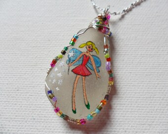 Hand Painted Sea Glass Necklace: Rainbow Fairy, Silver Plated Chain
