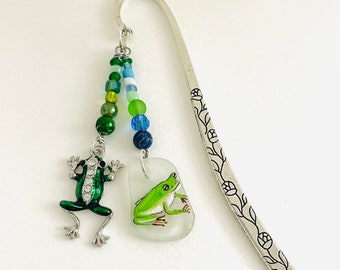 TREE FROG hand painted sea glass 12cm BOOKMARK - wire wrapped with pretty mixed beads