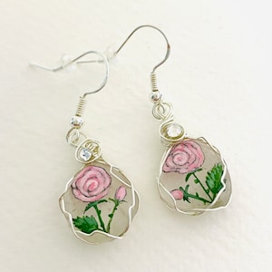 Hand-Painted Pink Rose Sea Glass Earrings: 925 Silver Plated Dangle Art