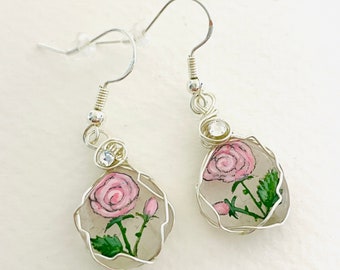 Pink rose drop earrings hand painted sea glass 925 silver plated dangle earrings - one of a kind wearable art