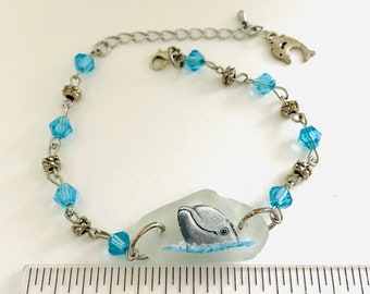 Sea glass bracelet - Dolphin - hand painted silver plated bead and charm bracelet 8 inches adjustable