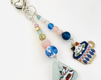 Kitten hand painted sea glass and bead England bag charm - keyring