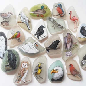 Hand painted Birds on sea glass and beach pottery - choice of finishes