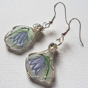 Bluebell flower hand painted sea glass dangle earrings with Swarovski crystal and white pearl detail - silver earwires