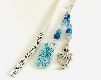 Octopus hand painted sea glass 12cm BOOKMARK - wire wrapped with pretty mixed beads