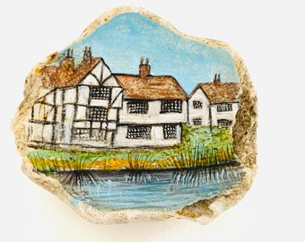 Riverside cottages England - Acrylic miniature painting on Scottish sea pottery