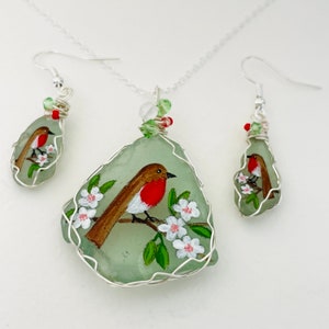 Robin may blossom sea glass necklace earrings set - Hand painted Silver plated 18" chain with fire polished crystal beads