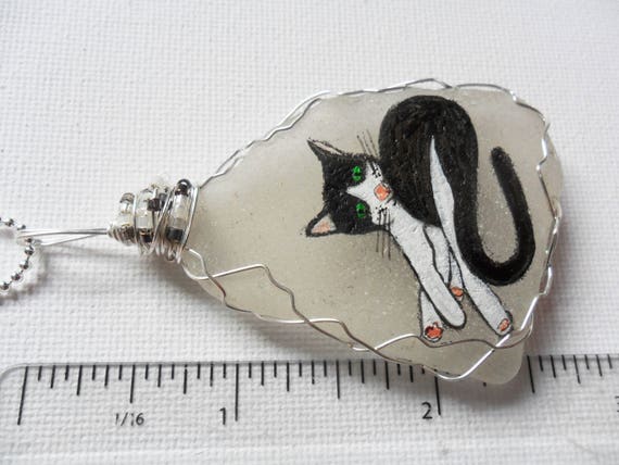 Tuxedo Cat Hand Painted Sea Glass Necklace Painted to Order With