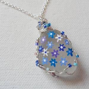 Blue flowers hand painted sea glass necklace with Miyuki beads - 18&quot; sterling silver chain