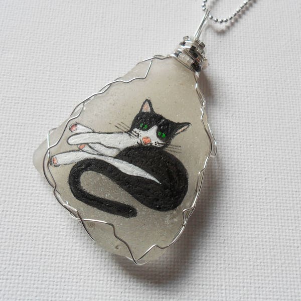 Tuxedo cat hand painted sea glass necklace - painted to order with miyuki bead detail and wire wrapping.