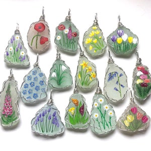 Sea glass flower necklaces - hand painted and wire wrapped to order - miniature acrylic art