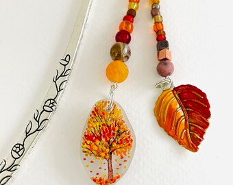 Autumn tree and leaf hand painted sea glass 12cm BOOKMARK - wire wrapped with pretty mixed beads