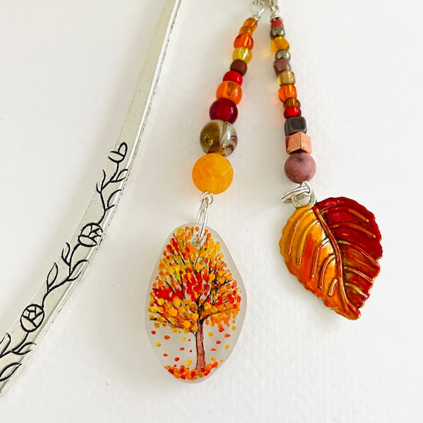 Autumn tree and leaf hand painted sea glass 12cm BOOKMARK - wire wrapped with pretty mixed beads