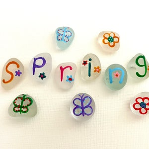Spring butterflies and flowers 11 pieces - Hand painted sea glass fridge magnets, 11pc set