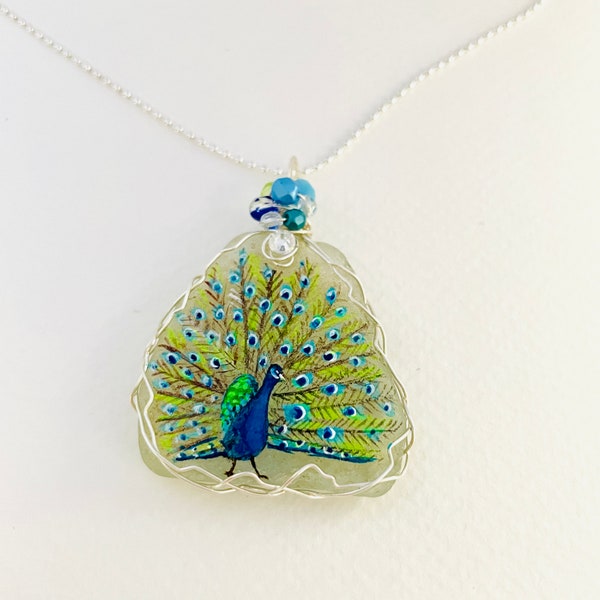 Proud Peacock bird hand painted sea glass necklace with mixed crystals and wire wrapping- painted to order.