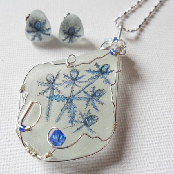 Sea holly - Hand painted sea glass necklace and stud earring set - wire wrapping and swarovski crystal beads