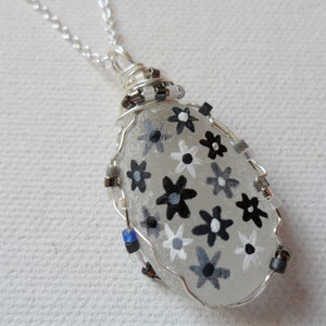 Silver and black flowers hand painted sea glass necklace with Miyuki beads - 18&quot; sterling silver plated chain