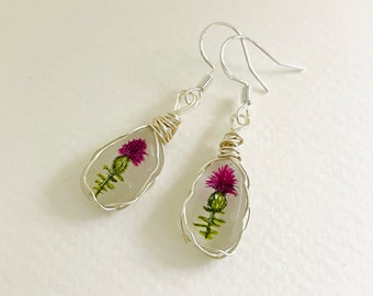 Spiky Scottish thistle hand painted dangle earrings - Sea glass & wire wrapping