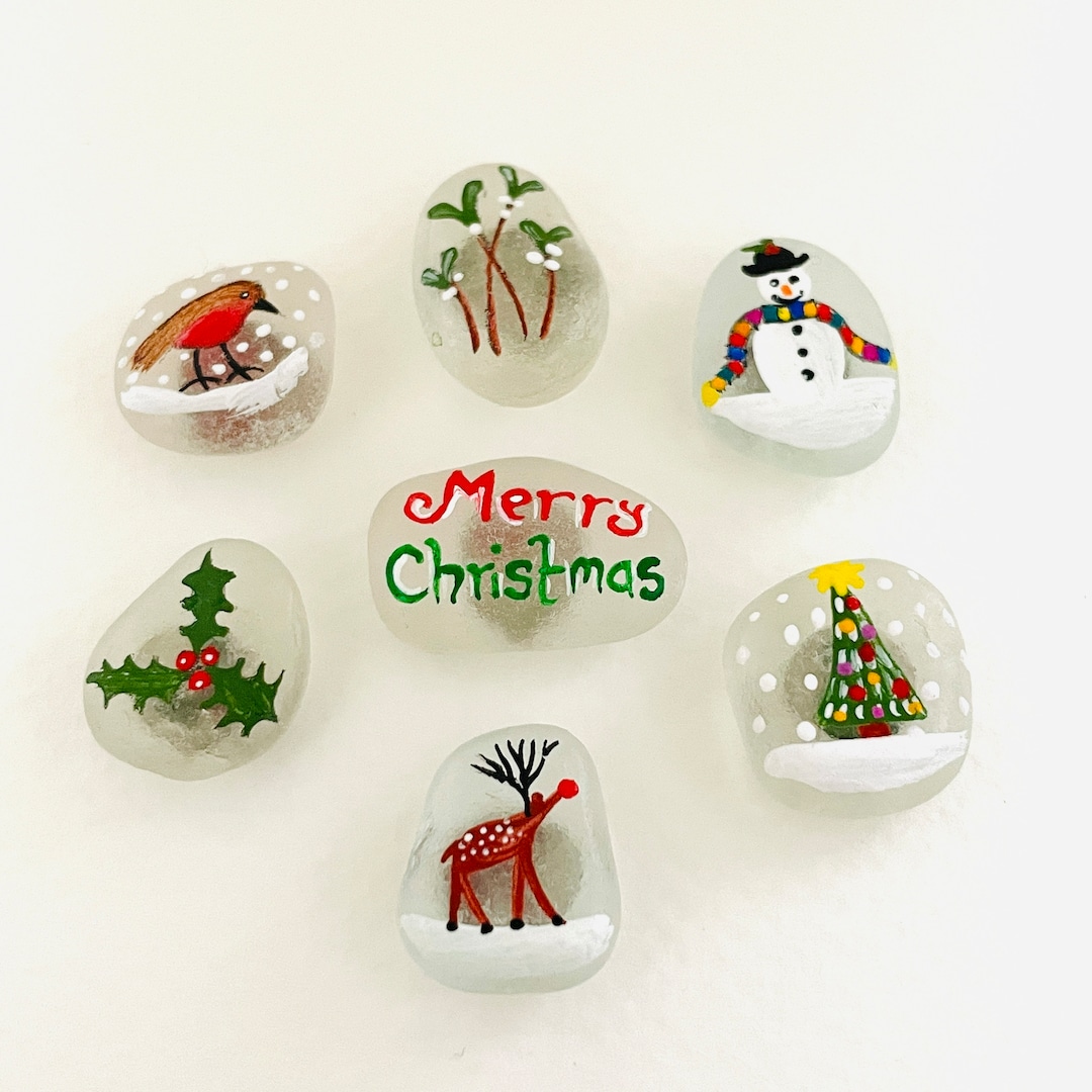 Christmas Sea Glass Magnet 7 Piece Set - Hand Painted Fridge Decoration ...