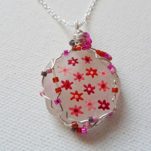 Hand Painted Sea Glass Necklace: Red & Purple Flowers, Miyuki Beads, 18&quot; Silver Plated Chain
