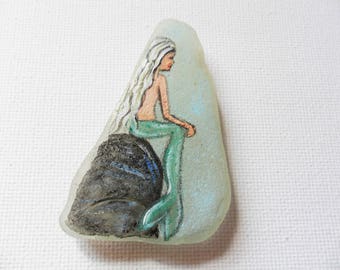 Mermaid on a rock sea glass magnet - painted to order