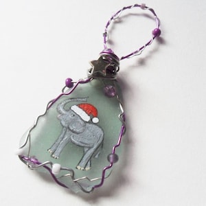 Elephant santa hat - Hand painted sea glass Christmas tree decoration with beads and wire