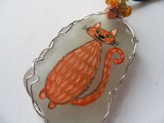 Ginger Tabby Cat Hand Painted Sea Glass Necklace Painted to