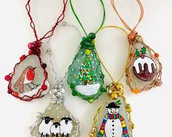 Sea glass hand painted art christmas tree decorations - wire wrapped with beading
