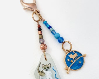 Kitten hand painted sea glass and bead cat and ball of wool bag charm - keyring