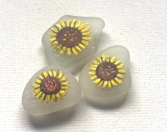 Sunflower hand painted sea glass magnet - Hand painted sea glass fridge magnets