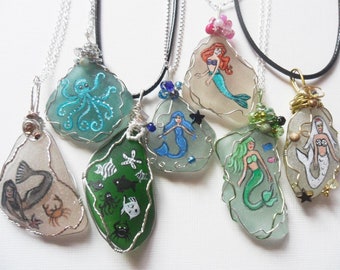 Hand painted sea glass mermaid necklaces - choice of designs chain or cord