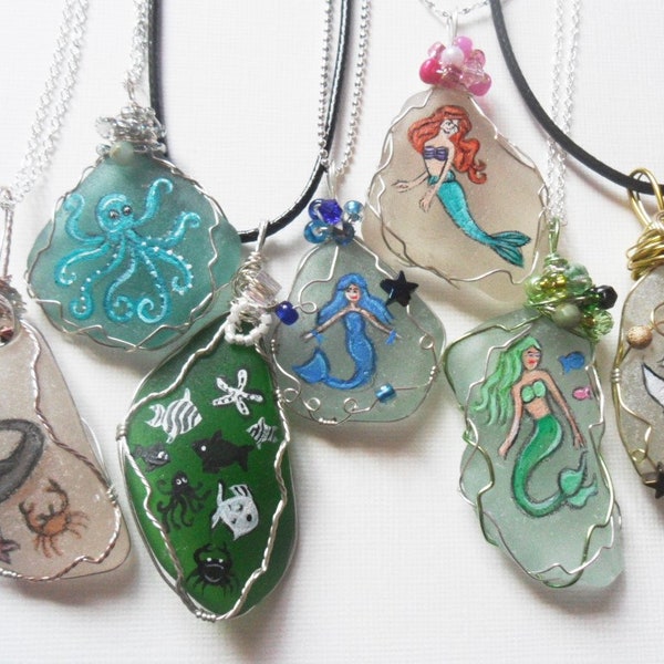 Hand painted sea glass mermaid necklaces - choice of designs chain or cord