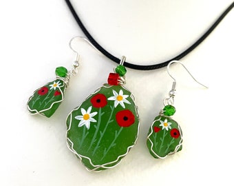 Poppy and Daisy hand painted green sea glass necklace & earrings set with pretty mixed beads - 18" cord