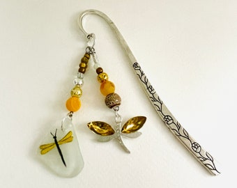 Dragonfly hand painted sea glass 12cm BOOKMARK - wire wrapped with pretty mixed beads
