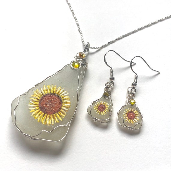 SUNFLOWERS Hand Painted Sea Glass Necklace and Earring Set | Etsy