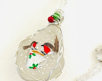 Robins on a cup Christmas holiday hand painted necklace with clear crystal and wire wrapping- painted to order.