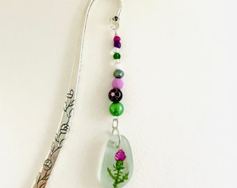 Thistle flower hand painted sea glass 12cm BOOKMARK - wire wrapped with pretty mixed beads