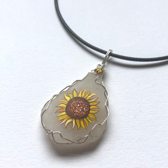 Sunflower Hand Painted Sea Glass Necklace With Swarovski - Etsy