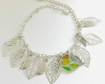 Sea glass bracelet - Falling leaves - hand painted silverplated dangly charm bracelet 8 inches adjustable