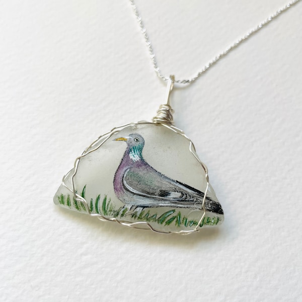 Wood Pigeon bird hand painted sea glass necklace - wire wrapped hand painted with 925 silver chain