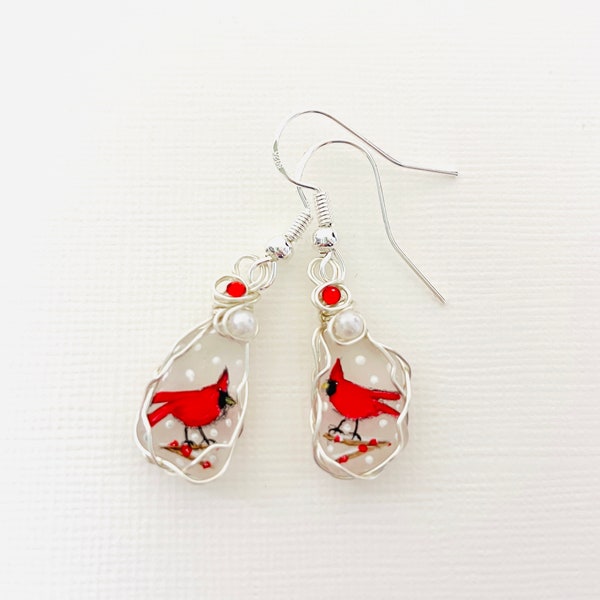 Red Cardinal hand painted sea glass 925 silver plated dangle or stud earrings - wire wrapping